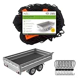 Offgridtec Anhänger-Ladungssicherungsnetz 2x3m auf 3x4m, Dehnbar & Feinmaschig, Inkl. 12 Spannhaken, Eckmarkierungen, Verstärktes Gummiseil, Ladungssicherung für Anhänger, Baumaterialien