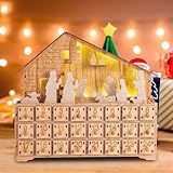 Xmas Holz Adventskalender Holz Adventskalender mit LED-Lichtern 24 Aufbewahrungsschubladen zum Selbstbefüllen Countdown für Kinder Weihnachten Urlaub Dekoration (A)