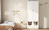 Gecheer Kinderkleiderschrank, mit Bügelstange und Katzenbett, 80×50×200cm, lackierte Platten + Spanplatte, Bunte Keramikgriffe, Weiß + Naturholzfarbe, für Schlafzimmer geeignet