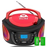KLIM Boombox Radio mit CD Player. FM-Radio, CD Player, Bluetooth, MP3, USB, AUX + Inklusive wiederaufladbaren Akkus + Kabelgebundene und kabellose Modi + Kompakt und robust + Neue 2022 - Rot