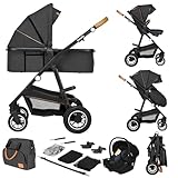 LIONELO Amber Kinderwagen 3 in 1 Kombikinderwagen Set sportlicher Sitz fester Babywanne Autositz Tasche Moskitonetz Regenschutz XXL-Dach mit Sonnenschutz (GRAU GRAFIT)