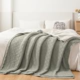 MH MYLUNE HOME Sherpa Decke Baumwolle Strickdecke Öko-Tex 180x200cm 660GSM Dicke Kuscheldecke Flauschig Sofadecke Wohndecke Bettüberwurf Warme Gehäkelte Decke Winter Blanket Hellgrüngrau