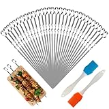 30 Stück Grillspieße Edelstahl, Schaschlikspieße Edelstahl 30cm Mit 2 Grillbürste, Wiederverwendbar Schaschlikschpieße, Grillspieße aus Rostfreiem Edelstahl, Grill Spieße für Fleisch