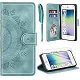 ivencase Lederhülle für iPhone SE 2022/2020 iPhone 8/7 Hülle und Schutzfolie, Premium Klappbar Handyhülle Flip Wallet, [Kartenfach] [PU Leder] [Ständer] Schutzhülle, Grün