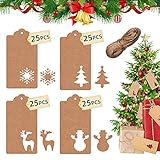 Geschenkanhänger für Weihnachten, 100Stk Xmas Braun Kraftpapier Etiketten Anhänger Christmas Tags mit Jute Schnur, Klein Papier Weihnachtsanhänger mit Schnur für Geschenke verpackung Decor
