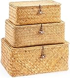 3 Stück Weiden Aufbewahrungskörbe mit Deckel, Rattan Aufbewahrung Korb Aufbewahrungskorb aus geflochtenem Rattan Seegras Geflochtener Rechteckig Aufbewahrungskorb für die Organisation von Rattanbehält