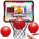VATOS Basketballkorb Indoor für Kinder, LED Basketballkörbe mit 6-Farbiger Lichteffekt, Fernbedienung, Anzeigetafel und 3 Bällen, Basketballspiel über der Tür Spielzeug Geschenk für Jungen Kinder 5–12