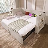 EINHOM Schlafsofa Polsterbett 90x200 cm, Tagesbett Einzelbett mit Ausziehbett, Armlehnen mit USB- & Type-C-Ladeanschluss und Getränkehalter, Leinen-Mischgewebe, Ohne Matratze, Beige