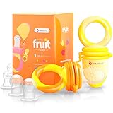 NatureBond Fruchtsauger Baby Obstschnuller für Babys (2 Fruchtsauger + 6 Schnuller) - Schnuller für Obst, Gemüse & Babynahrung 3 Monate + Beißring, BPA frei (Sunshine Orange & Lemonade Yellow)
