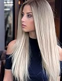 VEBONNY perücke blond, Wig, perücke blond lange haare, braune perücke ombre, Glueless Synthetic Hair White Blonde Lace Front Wig 22 Zoll VEBONNY-036