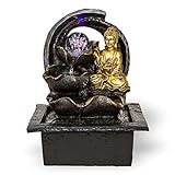 Zimmerbrunnen mit Buddha Gyan| Tischbrunnen mit LED Beleuchtung | dekorativer Zierbrunnen mit Feng Shui Elementen | Springbrunnen mit Wasserfall und beweglicher Glaskugel