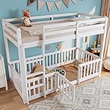 OKMYHOME Etagenbett 90 x 200 cm – Kinderbett mit Ecktreppe, Barrieren und kleiner Tür – Massivholz – ohne Matratze – Weiß