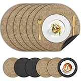 Tischsets Abwaschbar Leder und Untersetzer, Doppelseitigen Tischset Rund 34cm 6er Set rutschfest Blume Platzset Lederoptik, Platzdeckchen Wasserdicht Platzsets Kunstleder für Speisetisch,Beige Schwarz