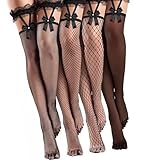 NPXUAMTJ Netzstrümpfe Mit Spitzenoberteil Für Damen Oberschenkelhohe Socken Mit Hosenträgern Strumpfgürtel Schleife Über Dem Knie Modische Straps Oberschenkelstrümpfe Für Damen