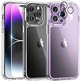 TAURI 5 in 1 iPhone 14 Pro Max Hülle mit Schutzfolie, mit 1 Handyhülle + 2 Stück Schutzfolie + 2 Stück Kameraschutz [Militärischer Schutz] Anti-Gelb Stoßfest Case 360 Grad Schutzhülle - Transparent