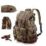 Mens Waxed Canvas Rucksack Leder Rucksack für Männer Wax Leather Rucksäcke Travel Vintage Bookbag mit Laptopfach Rustikal Large Waterproof,ArmyGreen