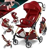 KIDIZ® Kinderwagen Premium Kinderbuggy klappbar Liegebuggy Sportwagen Faltbar 360°Räder 5-Punkt Gurt Inkl. Getränkehalter & Regenabdeckung, verstellbare Rückenlehne & Sonnenverdeck Rot