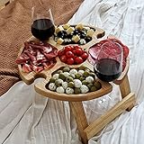 ZYLLZY Zusammenklappbarer Picknicktisch aus Holz für den Außenbereich mit Rotweinglashalter, tragbare Fächerschale für Käse und Obst, zusammenklappbarer Tisch für Reisen, Garten, kleiner Strandtisch