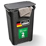 Novaliv 2er-Set Rattan Wäschekorb mit Deckel 60L Schwarz, Wäschebox Set Wäscheeimer Wäschebehälter modern für Bad Wäsche Schmutzwäsche, Wäschekörbe Schmutzwäschebehälter Sammler Korb