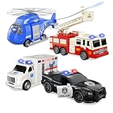 Rettungsfahrzeug-Spielset, 4er-Pack 1:20 Krankenwagen-Spielzeug, Feuerwehrauto, Krankenwagen, Spielpolizeiauto und Spielzeug-Hubschrauber, Kinderspielzeug für Jungen 2 3 4 5 6 Jahre alt ift