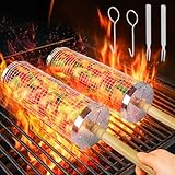 Yesay Set aus Rollender Grillkorb mit abnehmbaren Holzgriffen und zylindrischem Grillkorb aus Edelstahl 304, Grillzubehör für Gemüse und Garnelen für Camping und Terrassengrill (20 cm + 30 cm)