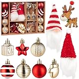 BRUBAKER 24 Stück Christbaumschmuck Gold und Rot - Weihnachtskugel Set mit Wichtel Zwergen, Geschenken, Sternen, Handschuhen und Rentier Anhänger aus Holz und gemusterte Baumkugeln - Baumschmuck