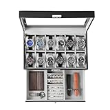 KILHS Uhrenbox für 12 Uhren,2-stöckige Watch Box mit Glasdeckel & Schublade,Uhrenbox Herren mit Schlüsselschloss – Perfektes Männergeschenk für Ringe,Manschettenknöpfe & Uhren,Schwarz & Grau