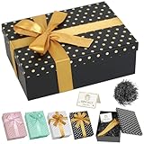 Schwarz Geschenkbox mit Deckel,Groß Geschenkbox Polka Dot Muster mit Raffiapapier,Grußkarte,Schleife,25×18×8.5cm Faltbare Leere Geschenkverpackung Box für Hochzeit Geburtstag Weihnachten