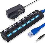 USB Hub 7 Port: Tragbar USB verteiler 3.0 Einzelnen LED-Netzschaltern fur Laptop, PC, MacBook und weitere USB Geräte (USB & EU netzteil)