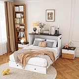 boorbin Schrankbett, 140 x 200, Mobiles Schrankbett mit Schubladen am Bettende und Regal am Kopfende des Bettes, mit USB und Steckdose, Umbaubares Plattformbett, Ohne Matratze, weiß