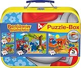 Schmidt Spiele 55594 Benjamin Blümchen, 4 Kinderpuzzle im Metallkoffer, 2x26 und 2x48 Teile