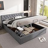 Mielvu Samtpolsterbett, 140 * 200cm, geknöpftes Kopfteil, Doppelbett, hydraulisches Bett mit Stauraum, Lattenrost, Grau
