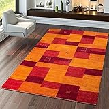 TT Home Teppich Indischer Gabbeh Handgefertigt Modern 100% Wolle Karo In Terrakotta, Größe:120x170 cm