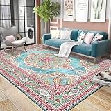 Teppich für Wohnzimmer, Schlafzimmer, rutschfest, waschbar, weich, groß, Heimdekoration, Hochflor-Teppich, ethnisch, Rot und Blau, 160 x 230 cm