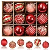 SHareconn Weihnachtskugeln Ornamente, 80 mm, 12 Stück, farbige, bruchsichere Kunststoffkugeln, dekoratives Baumschmuck-Set für Weihnachtsbaum, Urlaub, Party, Hochzeit mit Haken, Rot & Gold