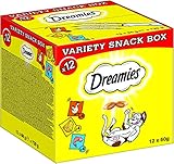 DREAMIES Katzensnacks - 12x60g - mit Huhn, Käse und Lachs - Traumhaft knusprige Katzen Leckerlies mit zarter Füllung - Variety Snack Box