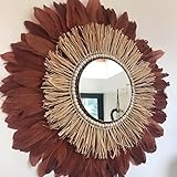 SWANELL Runder Spiegel aus Rattan und Raphia, Federdekoration, Terrakotta