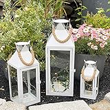 Mojawo® 3er Set XXL Gartenlaterne Metall Windlicht Laternen Kerzenhalter Set Höhe 25/40/51cm mit Seilgriff weiß