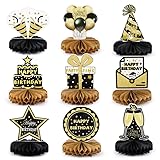 BETESSIN 9 Pcs Geburtstag Bienenwaben Deko Papier Schwarz Gold Happy Birthday Tisch Ornamente Papier Tischdekoration für Geburtstag Party Tischaufsätze usw.