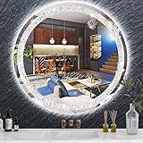THEKLA 76,2 cm LED-Kristallspiegel, rund, beleuchteter runder Badezimmer-Wandspiegel, 76,2 cm großer runder Kosmetikspiegel mit Lichtern, 3 Farben, dimmbar