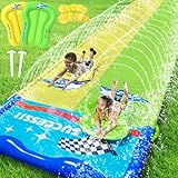 JONRRYIN Wasserrutsche, 600cm * 140cm Aufblasbare Wasserrutsche mit 2 Bodyboards, Doppelrutsche mit Eingebautem Sprinkler, Wasserspielzeug Kinder für Sommer Garten, Pool, Outdoor (2)