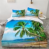 Damier Strand Bettwäsche 200x220 Meer 3D Bettbezug Set Blau Grün Beach Bettwäsche Weich Mikrofaser Bettwäsche 3 Teilig für Deko Geschenk Hawaii Strand mit Reißverschluss und 2 Kissenbezüge 80x80 cm