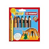STABILO - Buntstift, Wasserfarbe & Wachsmalkreide - woody 3 in 1 - Jubiläumsedition - Tiger - 6er Pack mit Spitzer - 6 Farben