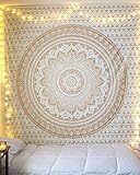 RAJRANG BRINGING RAJASTHAN TO YOU Goldener Mandala-Wandteppich fur Schlafzimmer und Wohnzimmer, Wandbehang aus Baumwolle, goldenes und weißes Ombre, 228,6 x 213,4 cm