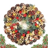 ZQEJEFD Weihnachtskranz, LED Weihnachtskranz mit Lichter-Kette und 10 LED in Warmweiß, 30CM Türkranz Weihnachten, Adventskranz, Dekokranz mit Kiefernzapfen und Rote Beerenfrucht Weihnachten Dekor