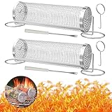 zhongko 30CM Zylindrischer Grillkorb 2Pcs Rolling Grillkorb mit Gabel Zylindrischer Grillkorb Edelstahl Grillzubehör für Terrassengrills Freien für Gemüse,Pommes Frites (30 cm-2Pcs Mit Rollenfuß)