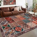 Rug-QJDDUP Teppich Wohnzimmer 120 x 160 cm Bunt Rot Orange Gelb Grüner Braun Muster Vintage Teppiche für Schlafzimmer Kinderzimmer Küche Esszimmer Outdoor Balkon, waschbarer