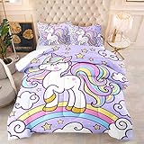 Axolotl Regenbogen-Einhorn-Bettwäsche-Set für Doppelbett, violettes Einhorn-Bettwäsche-Set mit Sternen, Wolke für Mädchen, 1 Steppdecke mit 2 Kissenbezügen, für Mädchen, Kinder, Teenager, Kinder,