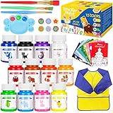 Gifort Fingerfarben Ungiftig, 12 x 60ml Fingermalfarben Set für Kinder Waschbare, mit Pinsel, Schwammstempeln, Kunstkittel, Karten und Palette für DIY Kunst & Handwerk