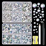 Hopton Strasssteine, Glitzersteine, Kristall Strasssteine für Textilien, Rhinestones mit Wachsstift, Spitzer, Pinzette, Glitzersteine Zum Basteln für Make-Up, Schmuckherstellung, Nägel (AB Kristall)